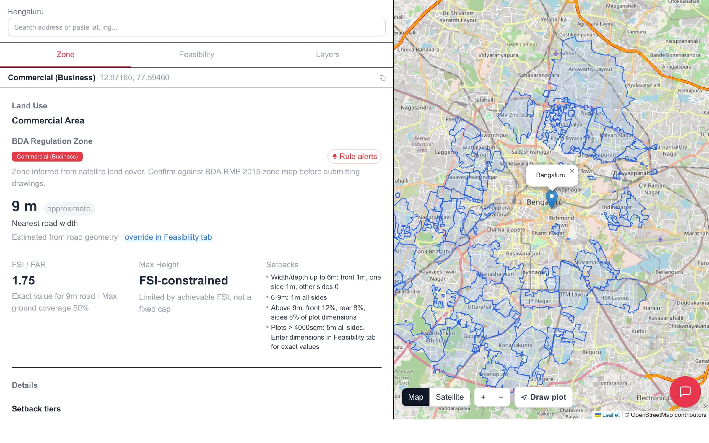 Zoneity in action — pin-drop on a Bangalore plot showing zone, FAR, road width, setbacks and approvals